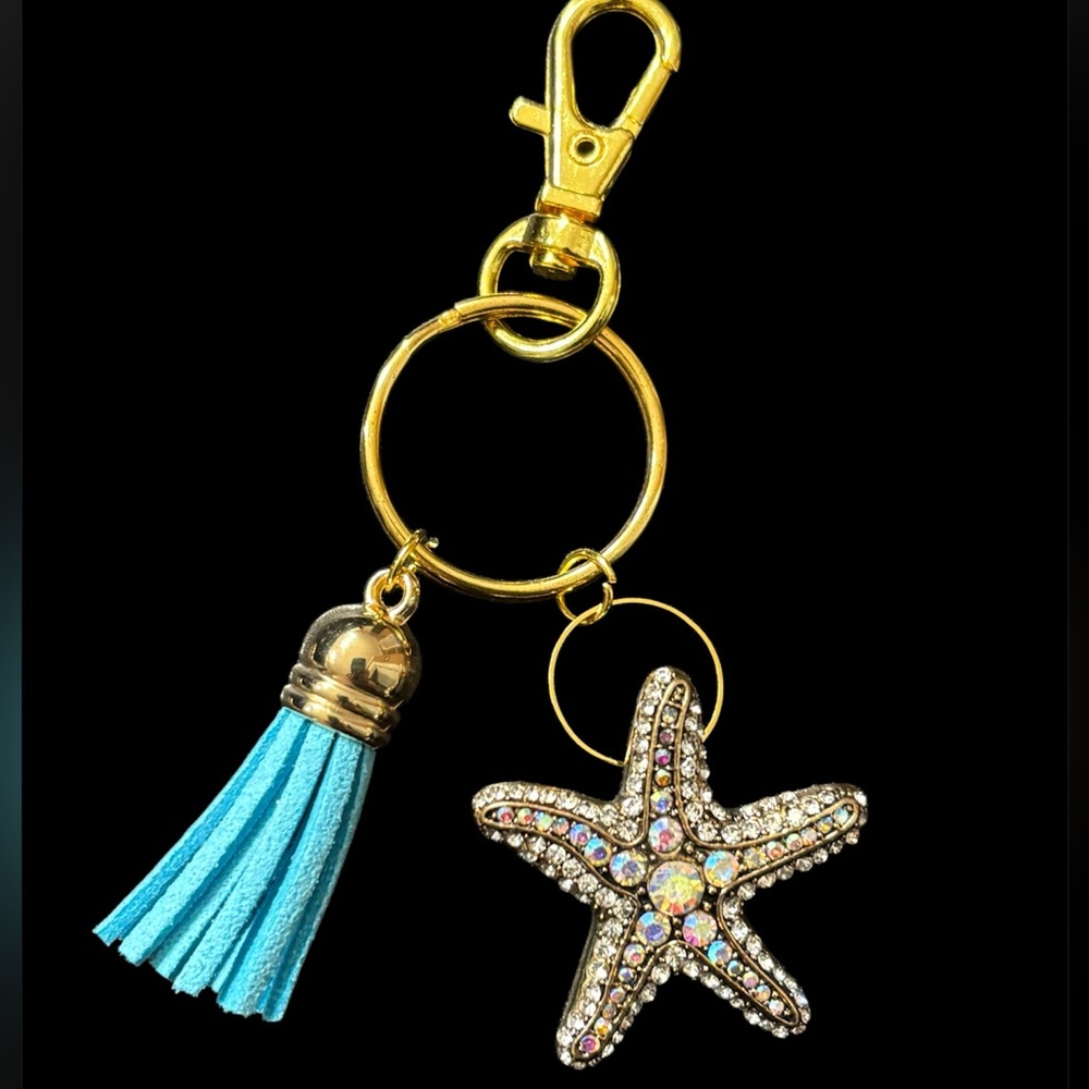 Sparkling Gold and Blue Starfish Keychain / Bracelet / Bag Charm with Tassel.
